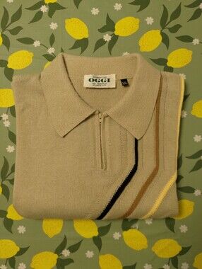 Men's Beige Zip Polo Shirt with Contrast Stripes